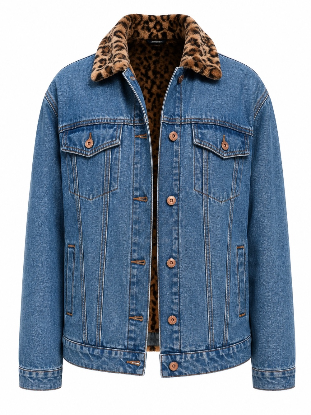 NWT DENIM LEOPARD FAUX FUR LINED TRUCKER JACKET
